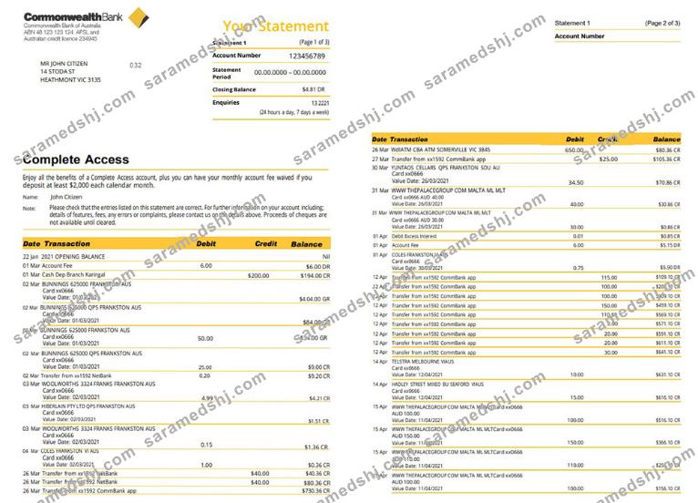 Australia Commonwealth bank statement template in Word and PDF format (3 pages), version 2